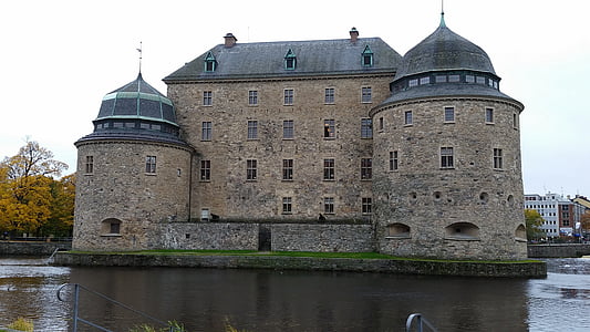 Örebro, hrad, parku, podzim, svartån, chůze, ostrůvek