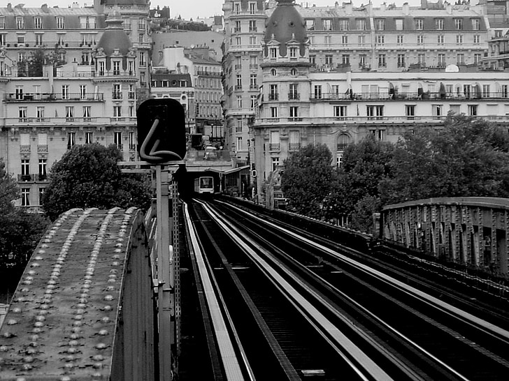 raudtee, Pariis, jälgida, must ja valge, Raudtee rööbastee, rongi, transport