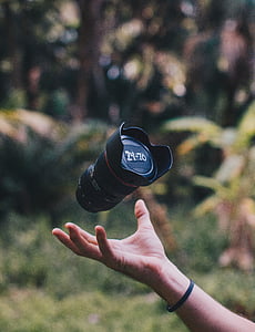 camera, lens, black, hand, palm, bokeh, outdoor