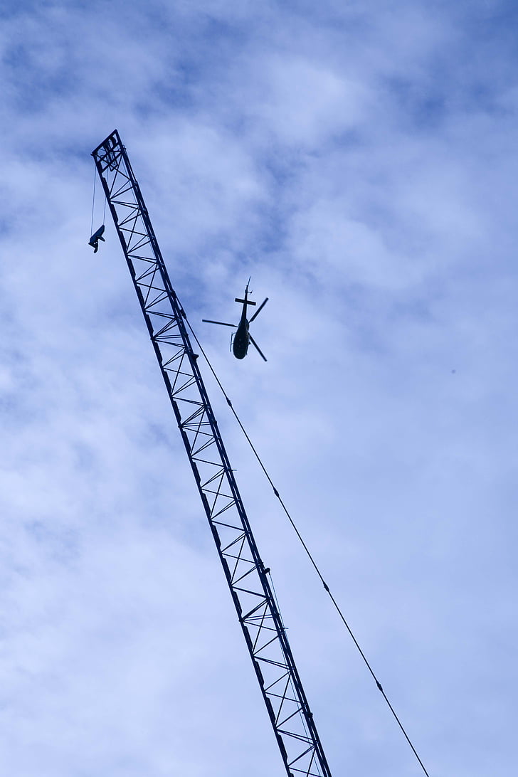 helicopter, crane, construction, engineering, building, sky, blue