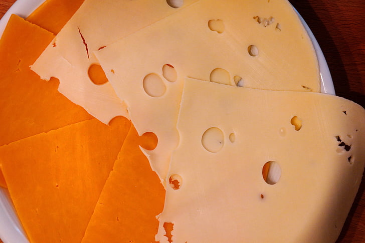 cheese, holes, cheese plate, yellow, orange, delicious, käseplatte