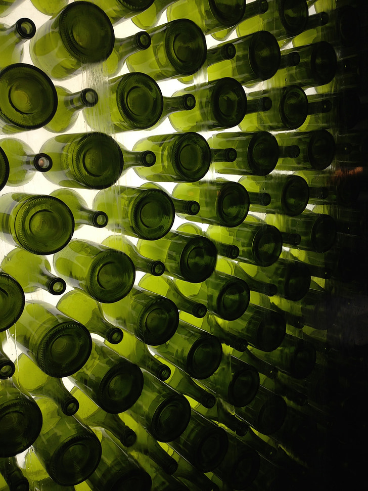 botellas, verde, vino, pared, bar