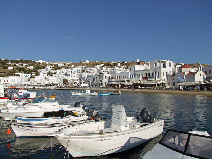 Barche, Mykonos, Grecia, Cicladi, isola greca, bianco, mare