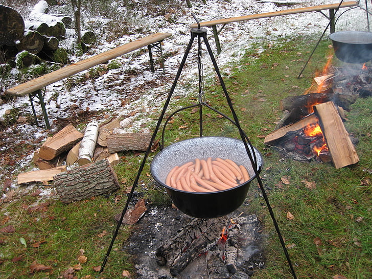 sausage boiler, fireplace, outdoor, nature, camping, leisure, out