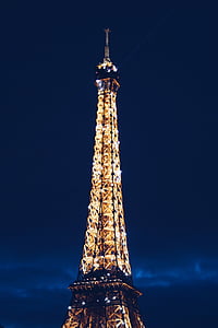 núvols, ennuvolat, França, punt de referència, llums, nit, París