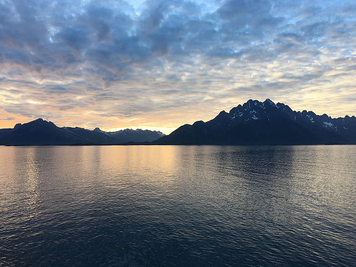 Ponoćnog Sunca, fjordovi, more, Norveška, putovanja, nebo, planine