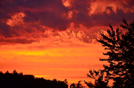 západ slnka, dosvit, reflexie, červená, oblaky, večernej oblohe, nálada