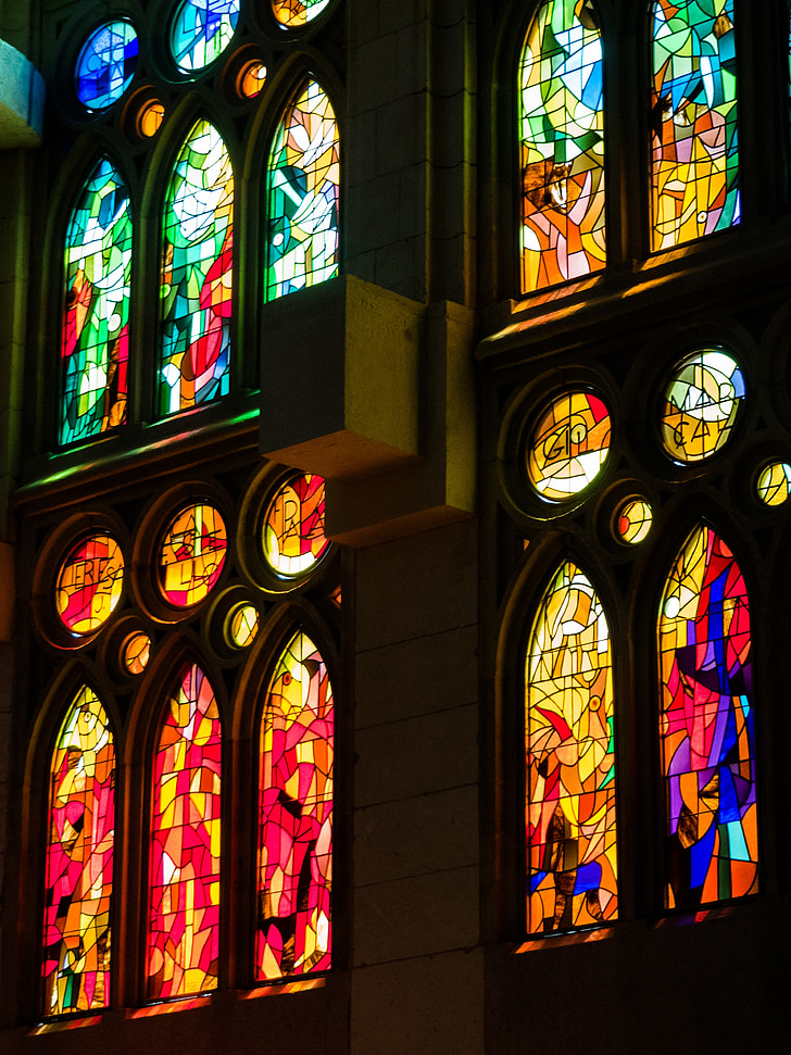 mozaikové okno, Katedrála, Sagrada familia, Barcelona, Katalánsko, Architektura, kostel