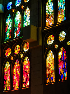 ólomüveg ablak, székesegyház, Sagrada familia, Barcelona, Katalónia, építészet, templom