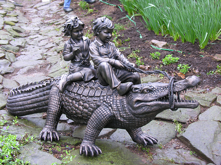 Skulptur, Statue, Alligator, Kinder, Hinterhof, im freien, Stein