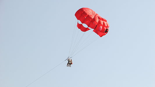 parachute, paragliding, red, balloon, sky, sport, activity