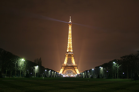 Eiffeltornet, Paris, monumentet, natt, lampor, färgglada, symbol
