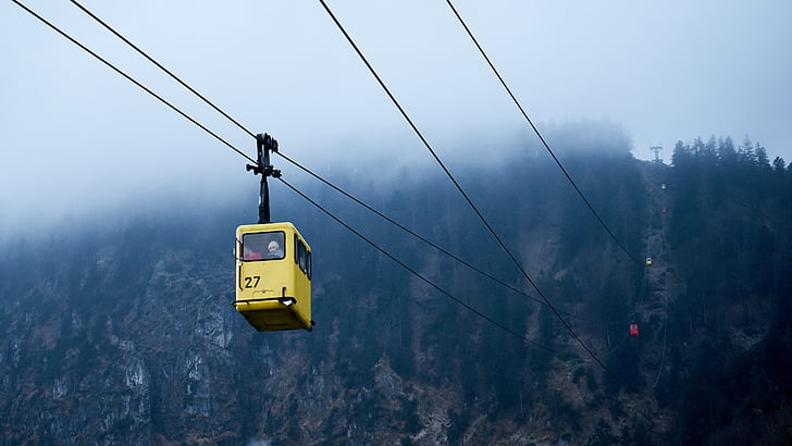 cable car, foggy, mountain, outdoors, cable, fog, transportation