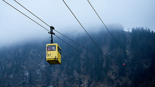 cable car, foggy, mountain, outdoors, cable, fog, transportation