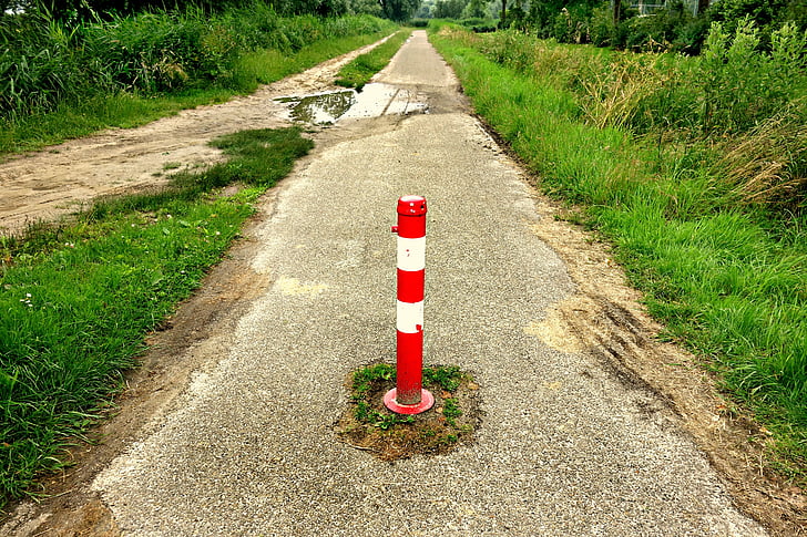 adjustable road block, bike path, no entry post, path, post, red, red-white safety barrier