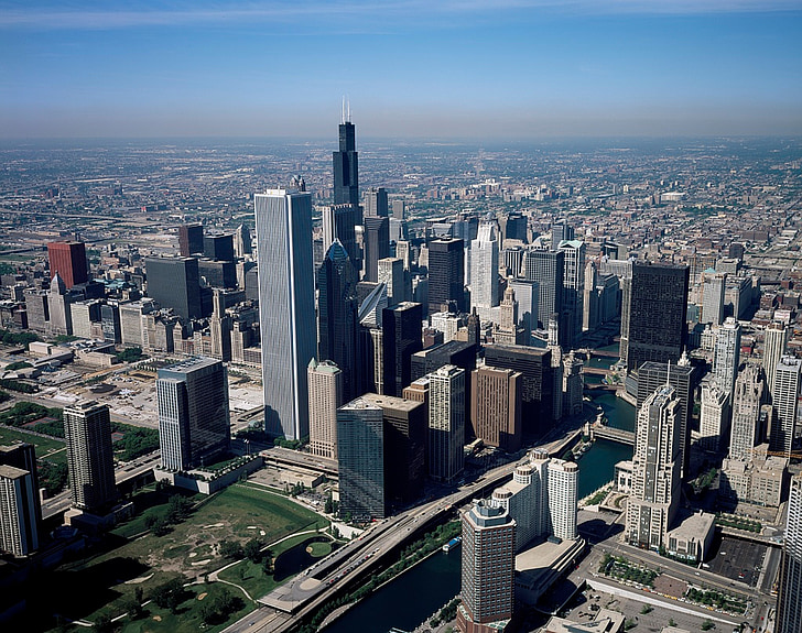 Chicago, város, városi, felhőkarcoló, utca-és városrészlet, felhőkarcoló, városi skyline