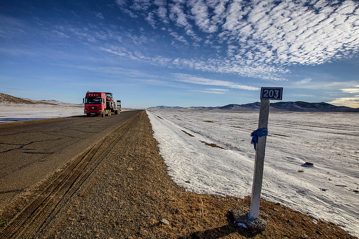 közúti, a kontinens, közlekedés, nemzeti autópálya, a tea county, december, Mongólia