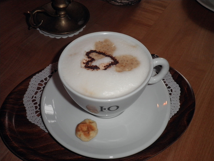 šálek kávy, Café au lait, suchar, Ornament, nápoje, milchschaum, srdce