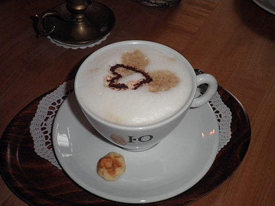 kaffekopp, Café au lait, kjeks, ornament, drikkevarer, milchschaum, hjerte
