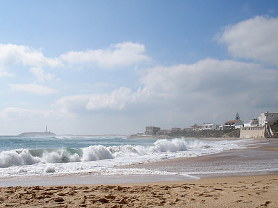Espanha, Trafalgar, praia, areia, nuvens, água, onda