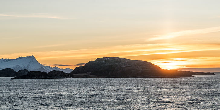 Norge, kryssning, soluppgång, fjorden, resor, vatten, landskap