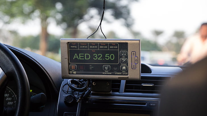 taxi, tassametro, visualizzazione, annuncio, pagare, Dirham, Dubai