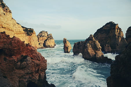 marrón, rocas, mar, Océano, azul, agua, naturaleza