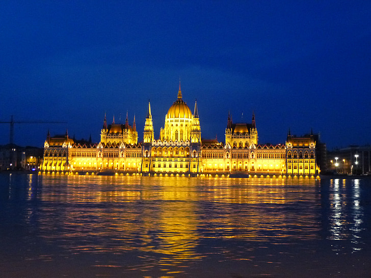 Magyarország, Budapest, Parlament, építészet, tőke, éjjszaka, árvíz