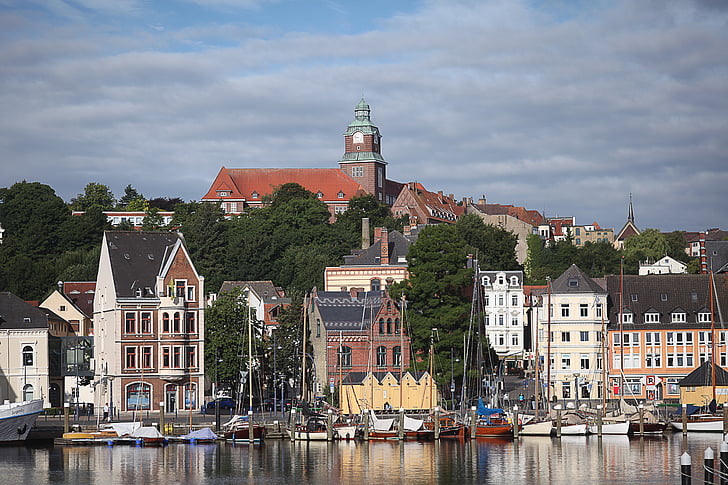 mùa hè, Port, Flensburg, bờ Tây, buổi sáng, nước, tàu thuyền