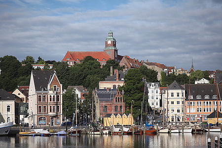 sommar, hamn, Flensburg, Västbanken, morgon, vatten, båtar