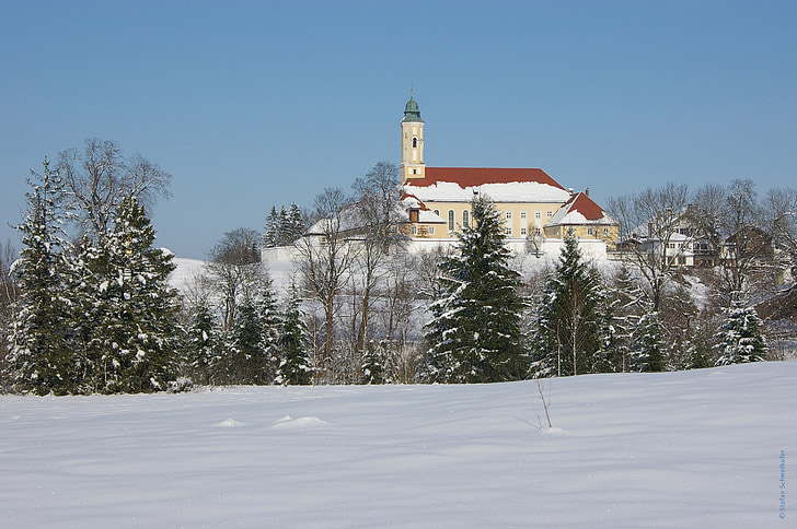 монастир, reutberg, взимку, сніг, краєвид, зимового, холодної