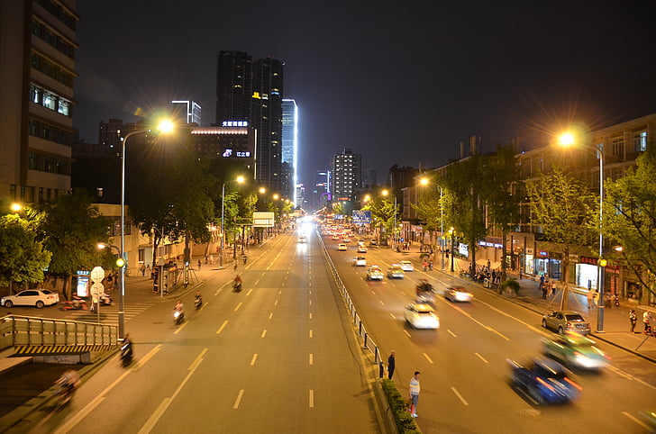 vista nocturna, ciutat, Centre, tren lleuger, trasllat a vehicles