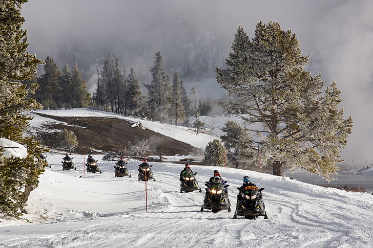 snowmobiles, snow, path, road, recreation, tour, guided