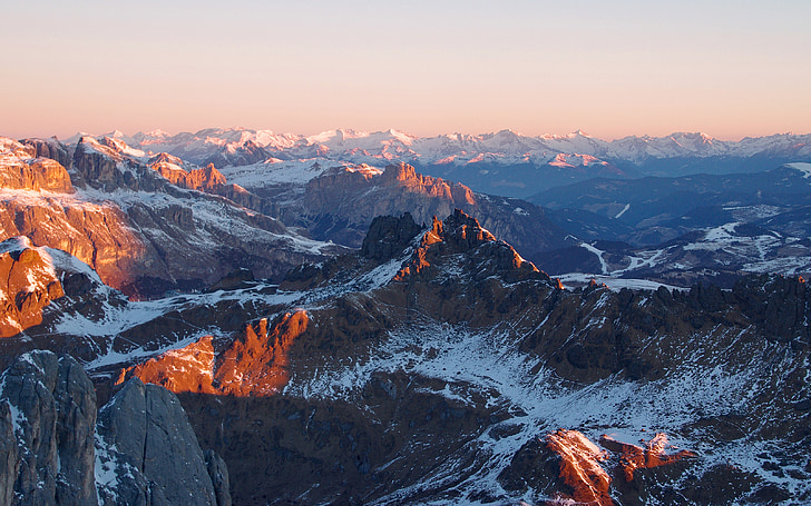 Dawn, padon, Dolomiitit, auringonnousuista marmolada, Italia, Alpit, lumi