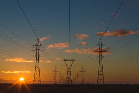 tower, silhouette, sunset, electricity, symmetry, cable, electricity pylon