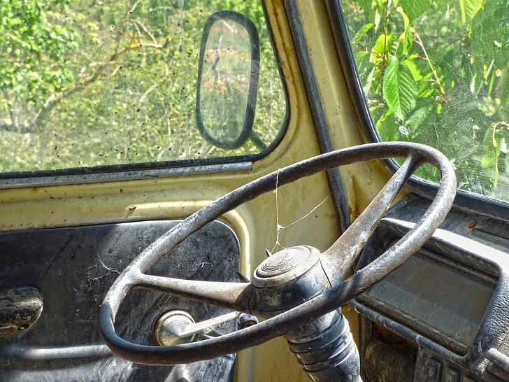 van, steering wheel, controls, rear-view mirror, old, abandoned rusty, abandonment