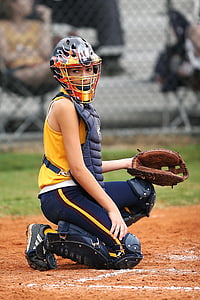 athlete, baseball, catcher, fun, game, girl, helmet