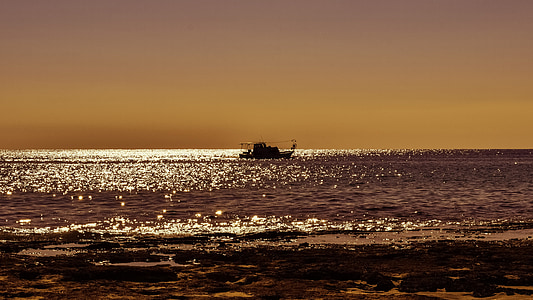 Meer, Strand, Küste, Sonnenuntergang, Boot, Farben, Horizont