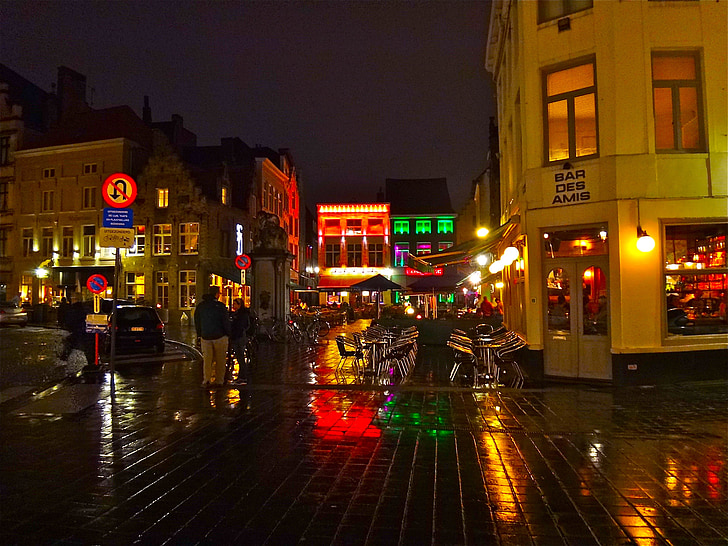 éjszaka, hangulat, megvilágítás, szín, kreatív, város, Bruges