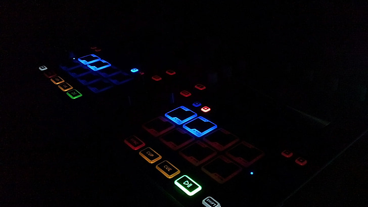 DJ, controller, duisternis, nacht, knop, verlichting