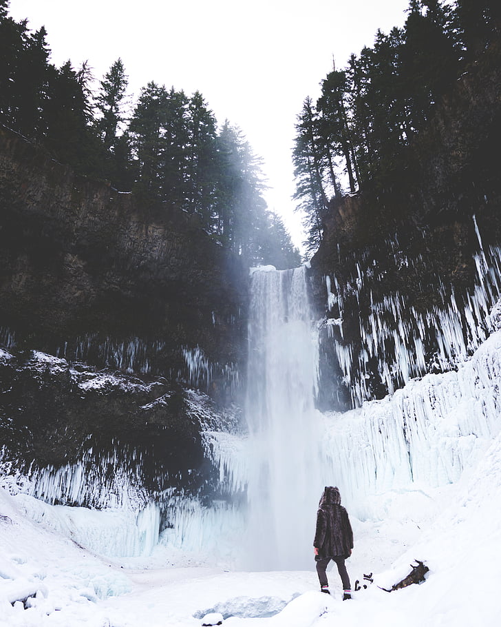 person, black, jacket, standing, front, waterfall, winter