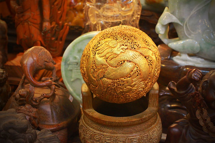Азия, Тайван, Антик, дракон, злато, топка, будизъм