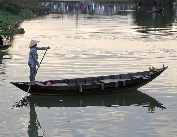 Vietnam, Hoi-an, båt, kvällen, ljus, mot ljuset, floden