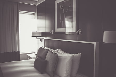 Leilighet, arkitektur, seng, soverom, svart-hvitt, stol, moderne