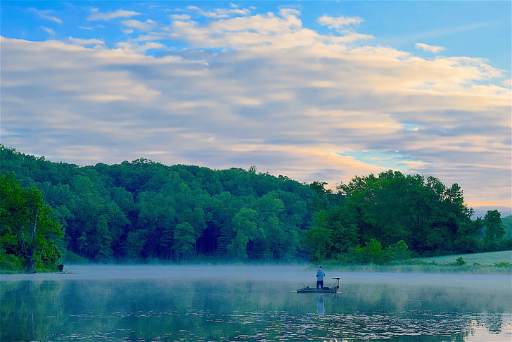 lake, fisherman, morning mist, sky, clouds, early morning, water