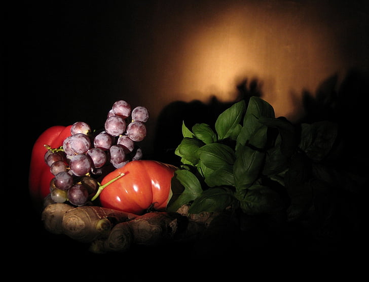 fruit, still nature, mature, tomato, grapes, composition, basil