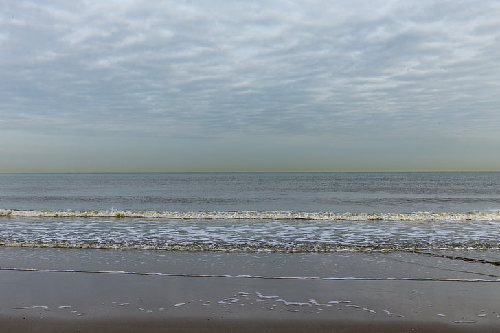 Plaża, morze, cichy, poranne słońce, chmury, Wybrzeże, Holandia