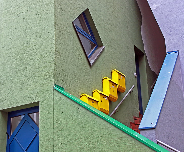 staircase, mailbox, color, colorful, facade, home, architecture