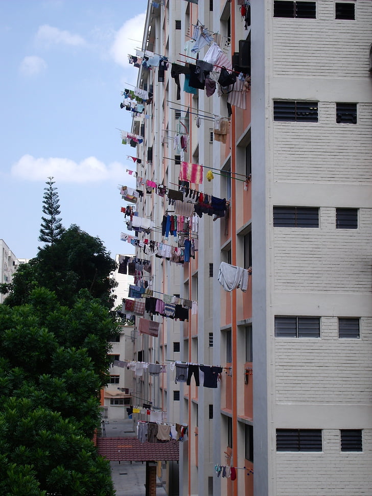 singapore, laundry, drying, building, facade, sky, clouds