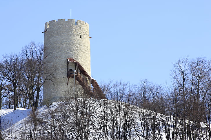 Kazimierz, torony, téli, Blizzard, hó, építészet, Lubelskie